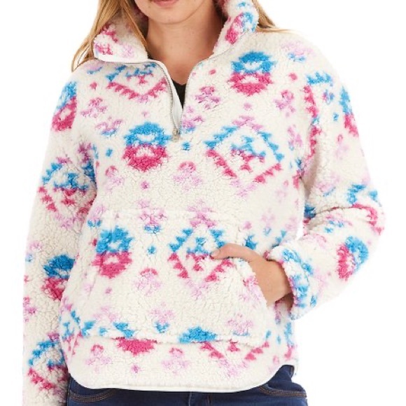 River & Rose Aztec Geometric Quarter Zip Pocketed Sherpa Pullover NWT - Picture 2 of 4